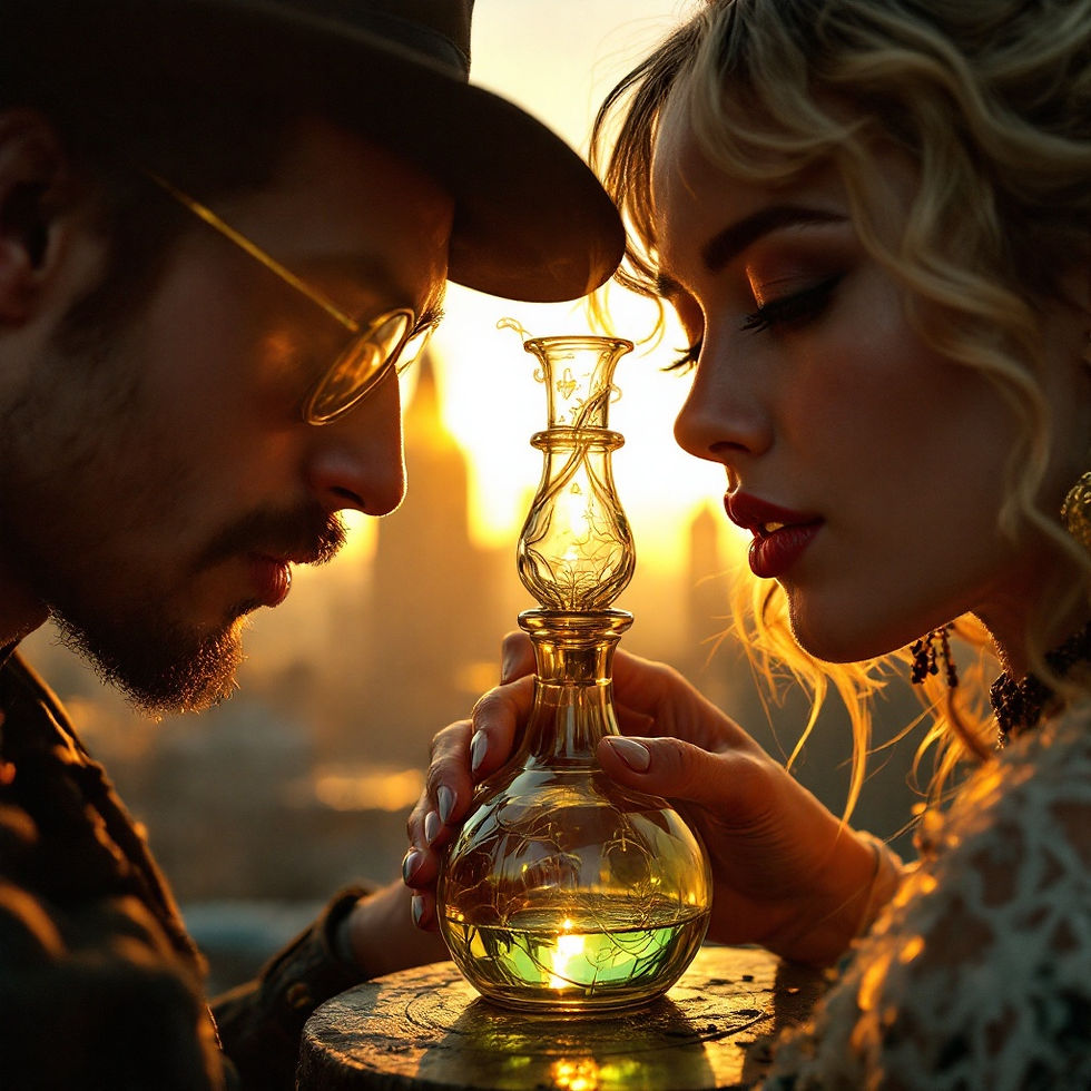 A stylish young couple dressed in vintage-inspired outfits, both wearing brown hats, sharing a moment while holding a large glass dab rig. The golden light of late afternoon highlights their relaxed expressions as they stand outdoors with a modern cityscape in the background.
