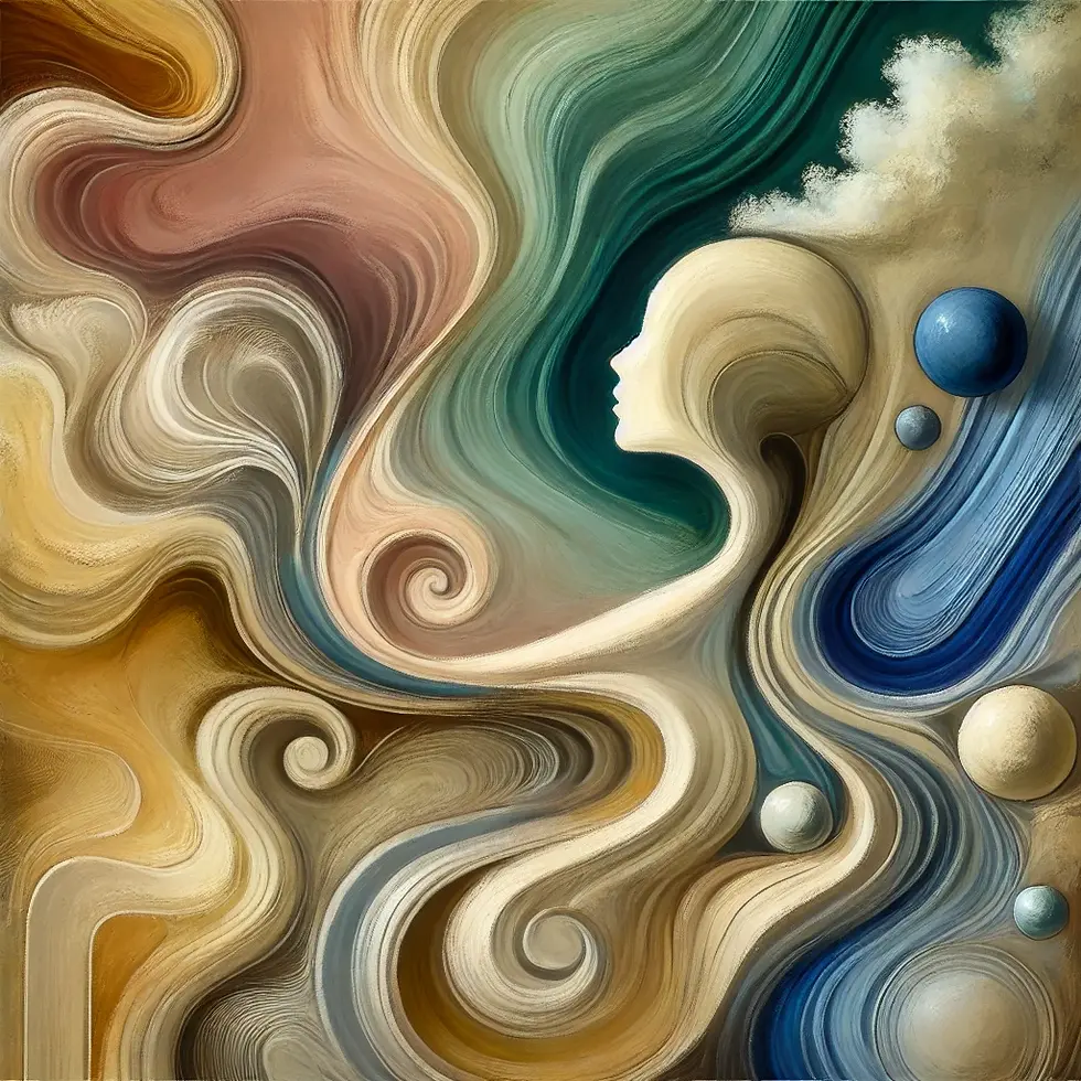 An Art Nouveau-inspired abstract depiction featuring flowing, muted pastel shapes and gentle swirls in shades of yellows, burnt oranges, soft blues, greens, and earthy tones, reflecting a harmonious terpene synergy.
