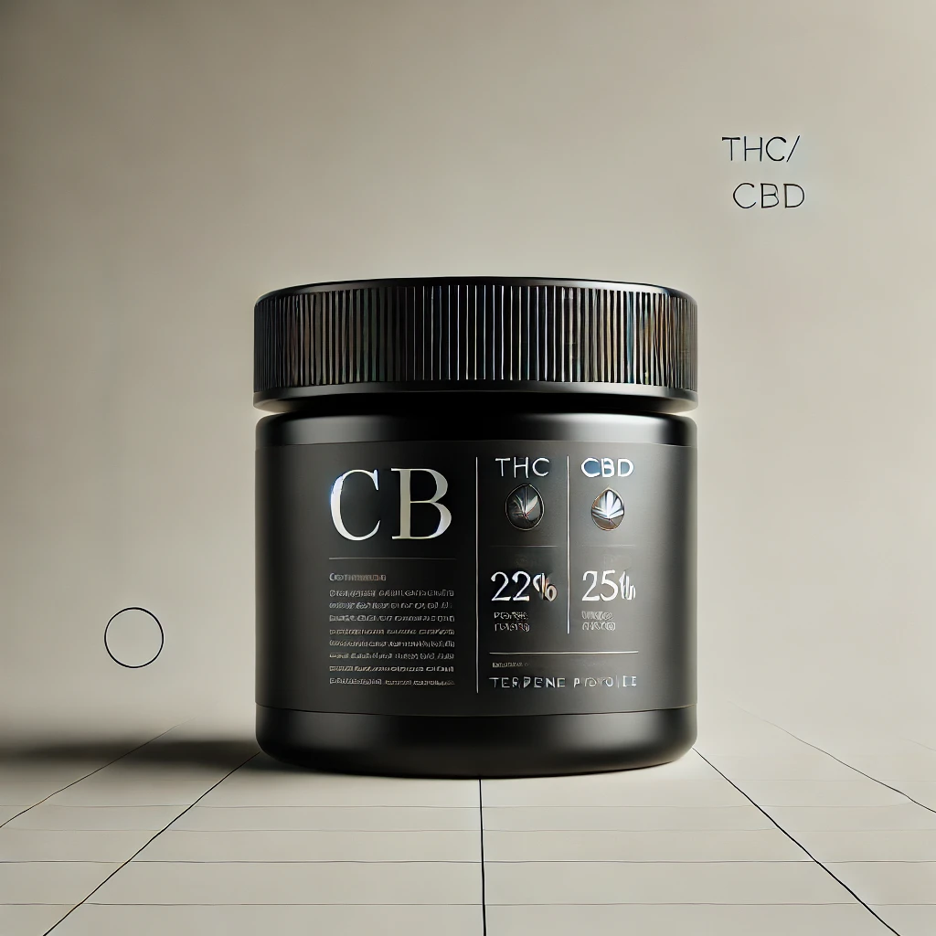 A sleek black glass jar of cannabis with minimalist, high-end branding. The jar displays details like THC/CBD percentages and terpene profiles, evoking a sense of luxury and quality in modern cannabis packaging.