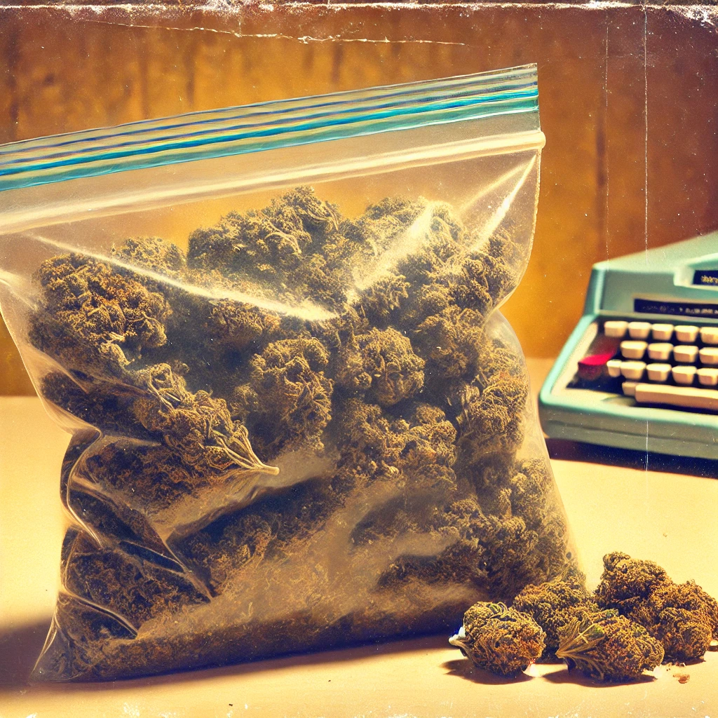 A nostalgic image of a large plastic sandwich baggie filled with cannabis, showcasing the old-school method of measuring an ounce by the "lid" or "four fingers" technique. The baggie is almost filled to capacity, capturing a retro vibe.