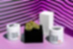 A stylized photograph of CULTA Banana Bubbles cannabis buds displayed on a black pedestal, surrounded by two CULTA-branded white jars of cannabis with a bold purple and black striped background.