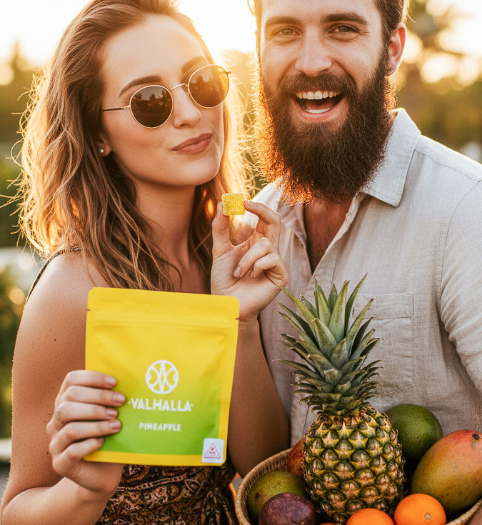 A smiling young woman in a sundress and sunglasses stands on a tropical beach at sunset, holding a yellow Valhalla Pineapple pouch and a single yellow gummy. Beside her, a man with a beard holds a woven basket filled with a whole pineapple and assorted tropical fruits.