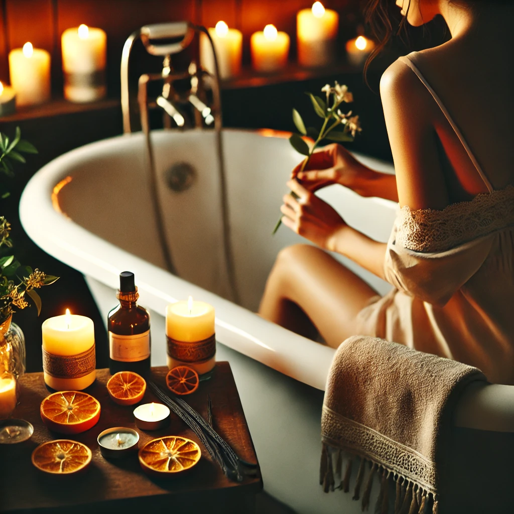 A warm, intimate scene showing a close-up of a luxurious bathtub setup with candles, a soft towel, and dried orange peels along the edge. The dim, golden lighting creates a calming, indulgent atmosphere perfect for self-care.