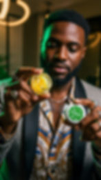 A man in patterned formalwear holding an Eden solventless rosin jar and lid in warm indoor lighting.