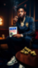 A man in a navy tracksuit with gold trim smokes a blunt while holding a District Cannabis Pavé bag in an upscale lounge, with cannabis buds on the table and warm ambient lighting.