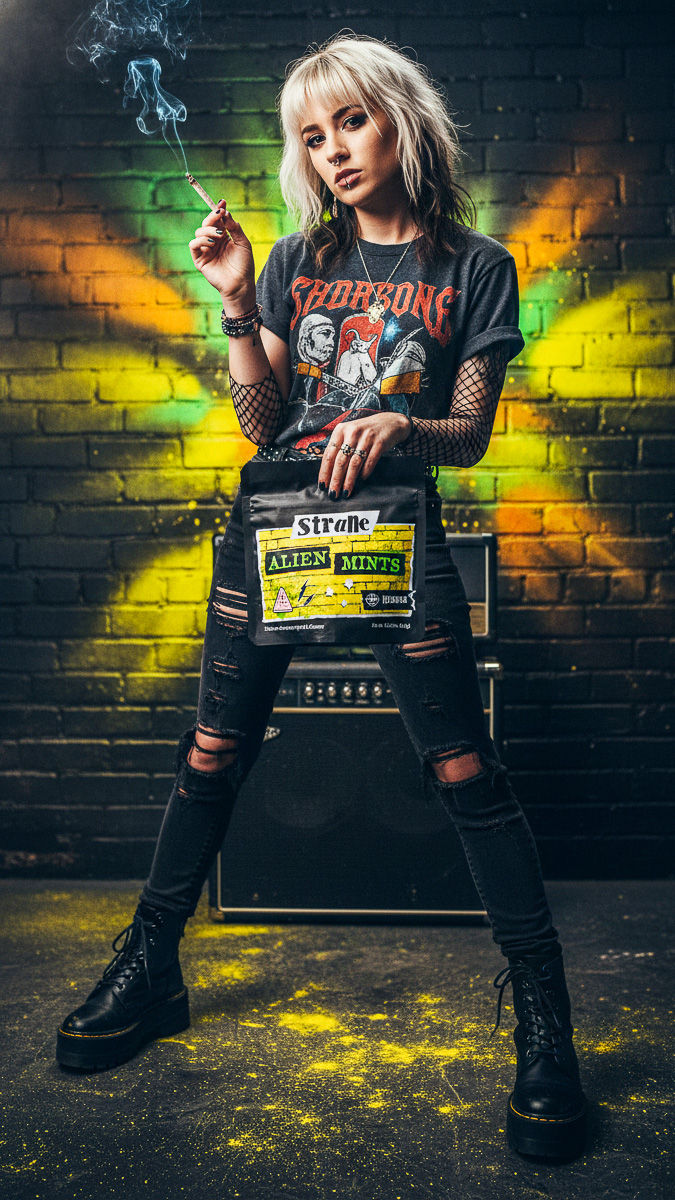 A vertical portrait of a woman with blonde hair, wearing a band t-shirt and ripped jeans, standing and smoking a joint. She holds a bag of Strane Alien Mints against a dark, brick-textured background illuminated by neon green and yellow light beams.