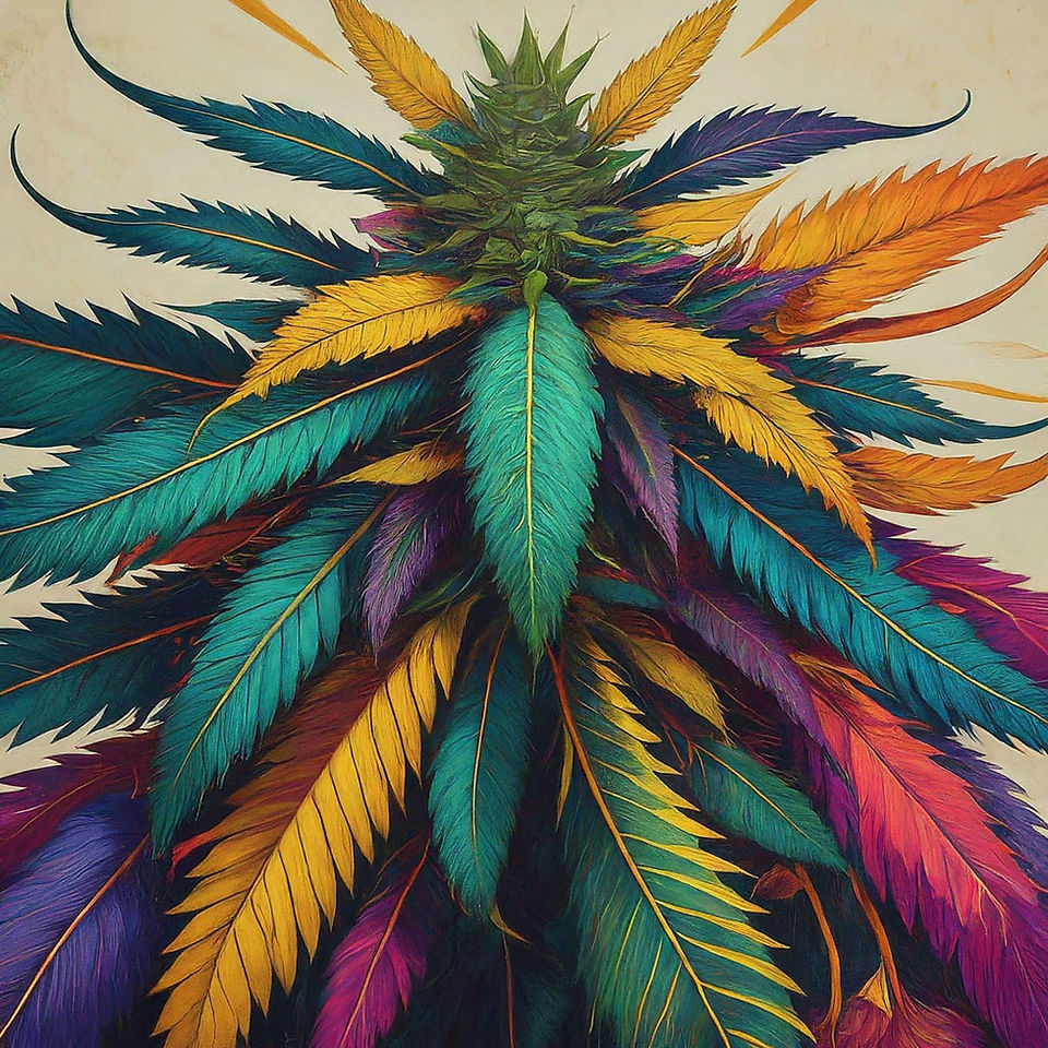 Colorful artwork of a cannabis plant with leaves in shades of green, purple, yellow, and blue, creating a vibrant, psychedelic effect.