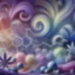 An artistic and dreamy depiction of the terpene profile inspired by Snoozeberry gummies. The image features calming hues of deep purples and soft blues with abstract swirls representing terpenes like myrcene and linalool. Subtle berry motifs and molecular shapes float ethereally, evoking tranquility and the fusion of cannabis terpenes with natural fruit flavors.