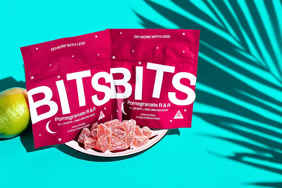 Product photo of Verano BITS cannabis edibles in bright pink packaging on a vibrant blue background, showcasing branding appeal for cannabis gummies.