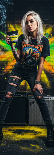 Virtual studio photography created by The Maryland Connoisseur for the Strane cannabis brand. The image captures the high-contrast, neon-soaked "Electric Hour" aesthetic, featuring edgily styled virtual models with punk and grunge influences. The scene is lit with intense, saturated colors like acid green, hot pink, and bright yellow, often with atmospheric smoke, highlighting Strane's Alien Mints and Lemon Maraschino product packaging and cannabis flower.