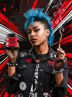 Punk style model with blue mohawk holding High Wired infused cannabis jar and lit pre-roll, edgy industrial aesthetic