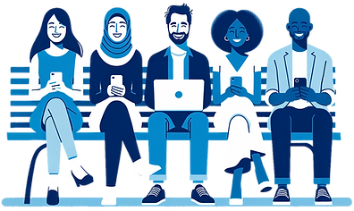 Asimple,abstractvectorillustrationinaminimaliststyle,usingonlyshadesofblue_Thescenefeaturessmilingpeopleevenlyalignedinahorizontalrow,_working_on_a_laptop_or_smartphone_and_sitting_on_a_bench_Theyaredepictedinthesamesize,a-1.png