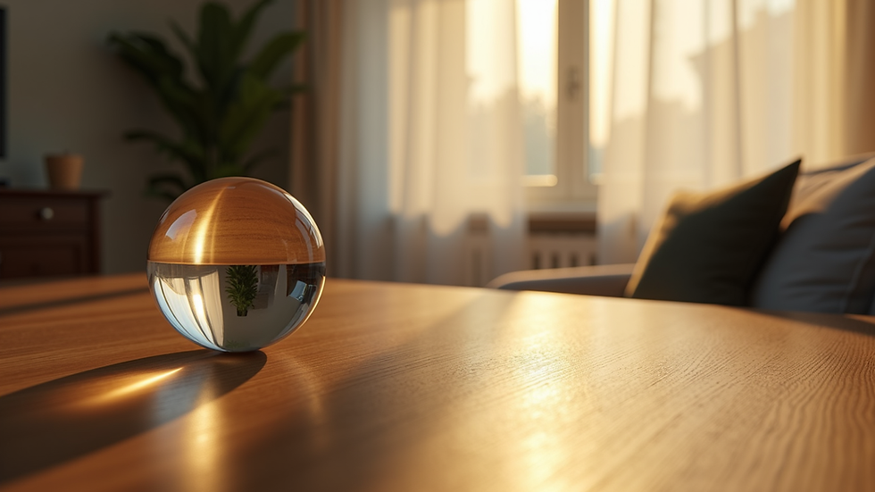 Eye-level view of a serene room with soft lighting and a crystal ball on a wooden table