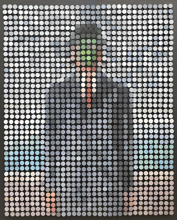 Susila Bailey-Bond, Magritte Son of Man, 113 x 88cm, handpainted discs on pins