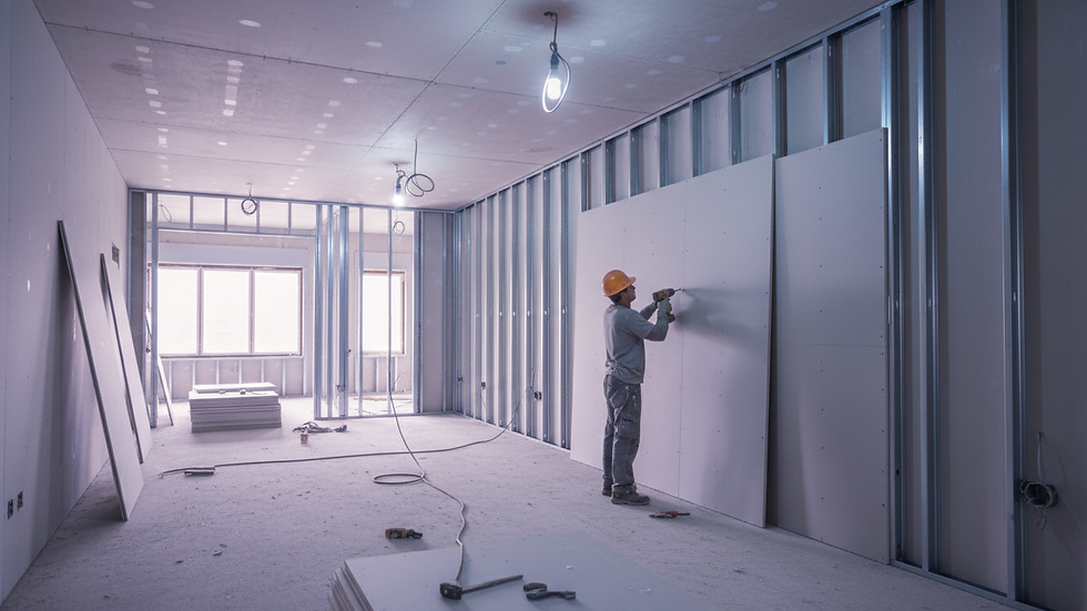 Eye-level view of a worker installing drywall panels on a metal frame