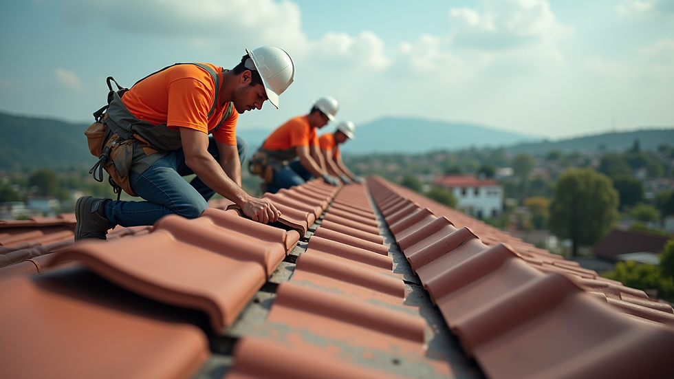 Close-up view of construction workers installing roofing tiles