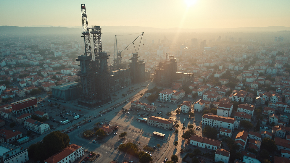 Vista aérea de um canteiro de obras em Lisboa com várias máquinas e trabalhadores