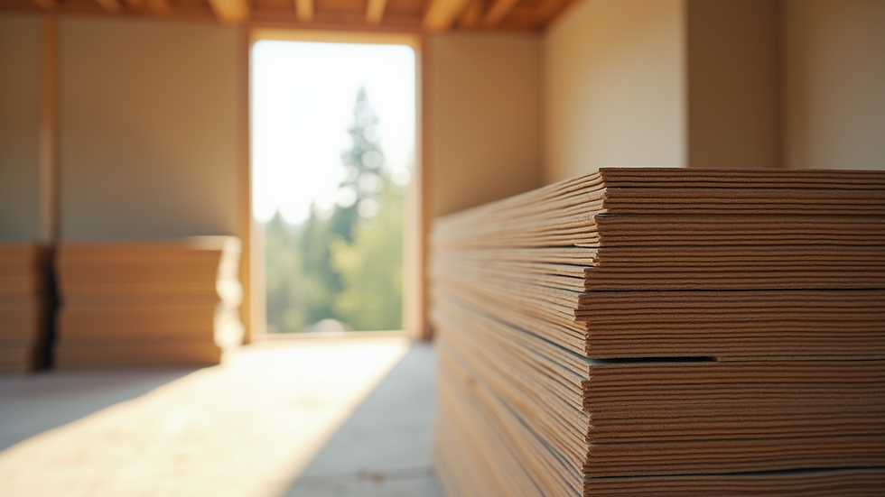 Eye-level view of drywall panels stacked in a construction site