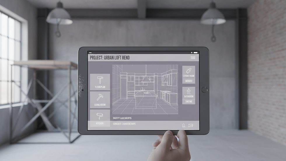 Close-up de um tablet com aplicação de planeamento de renovação de casa aberta