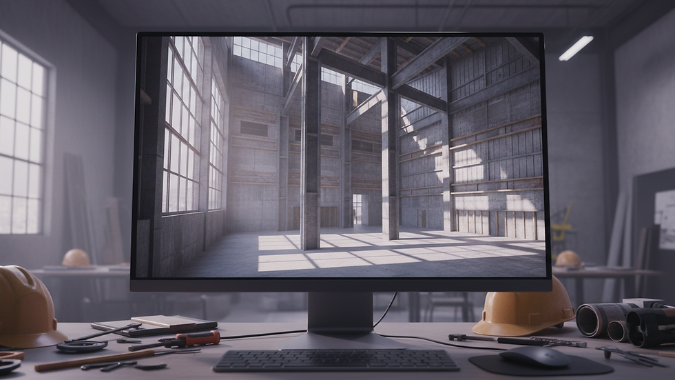 Eye-level view of a computer screen showing a 3D building model