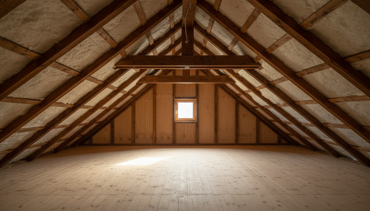 Eye-level view of an attic with insulation placed between wooden beams.