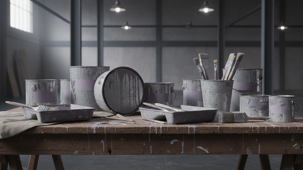 Close-up view of paint cans and brushes on a wooden table