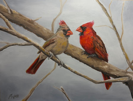 Textured painting, Lynn Fisher, Zenfish Art, Oil painting, large scale painting, Bird painting, Cardinal painting, Birds in a tree painting