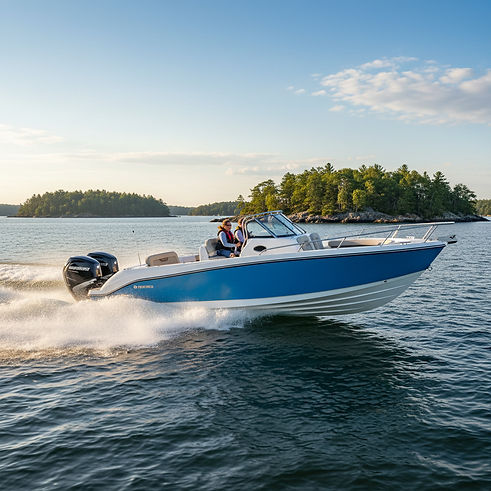 proper outboard-powered boat underway, ideally planing hard or accelerating — not a static