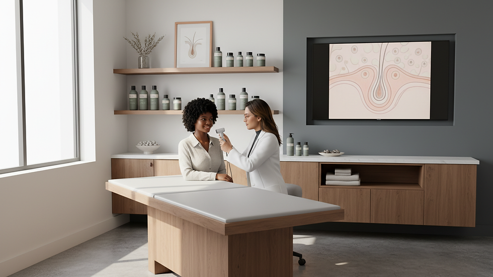 Eye-level view of a consultation room with hair care products