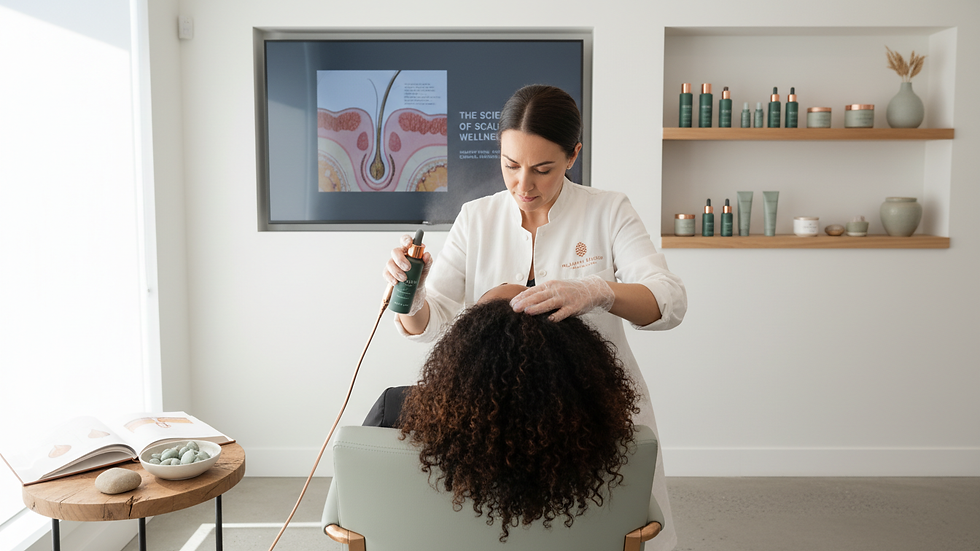 Eye-level view of scalp treatment being applied in a salon