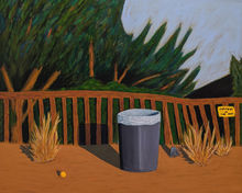 Dog Park trash can garbage acrylic on canvas painting by Andy England