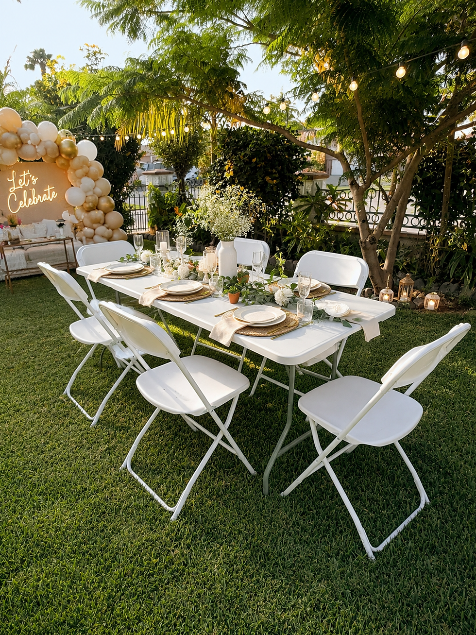 White folding chair and 6-foot table rentals set up for an elegant backyard bridal shower in Orange County, California.