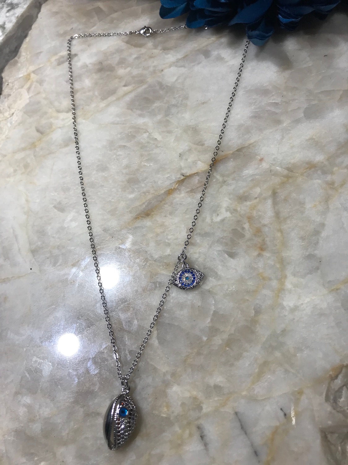 Sterling Cowrie Shell & Evil Eye Necklace