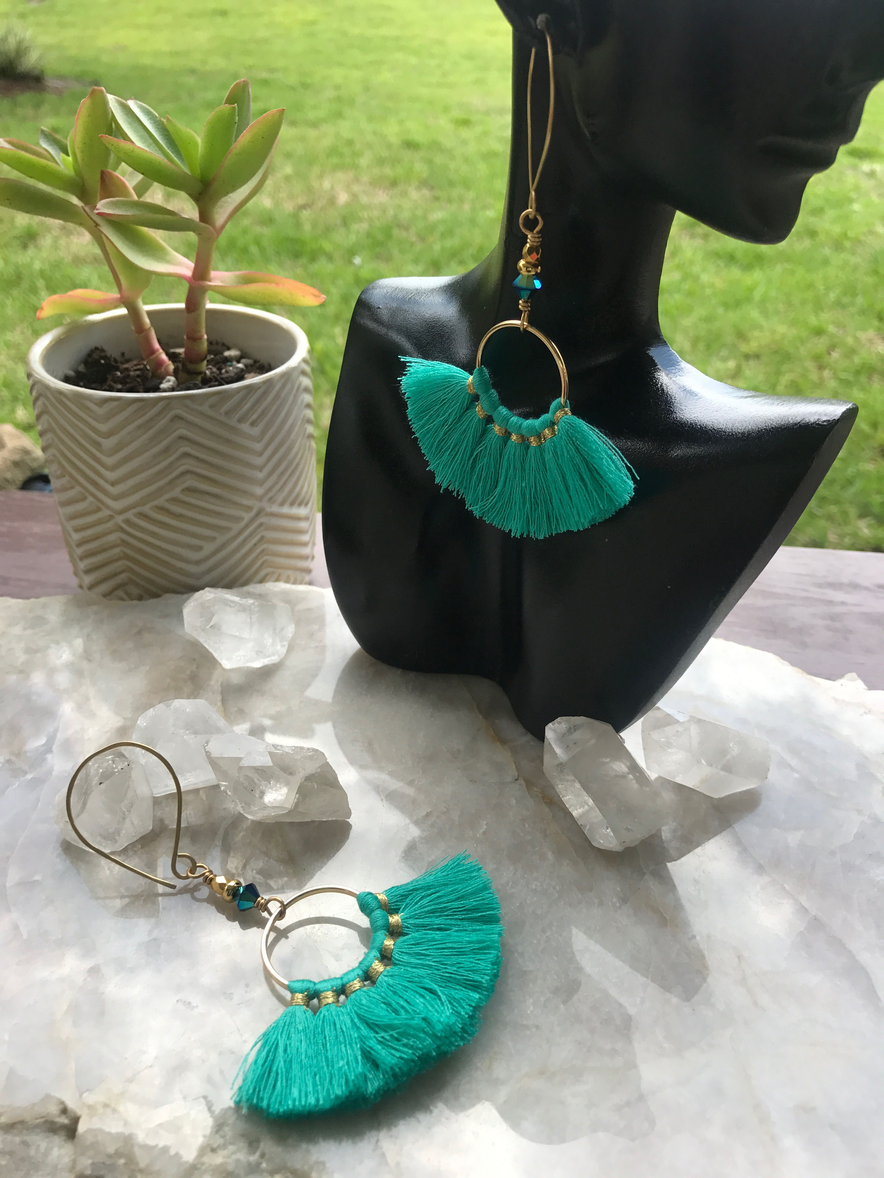 Turquoise Tassle Hoops