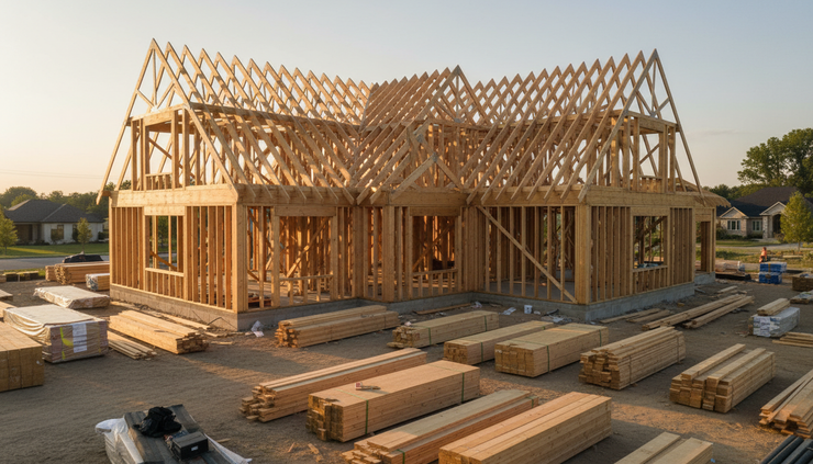Eye-level view of a partially framed custom home with open roof trusses