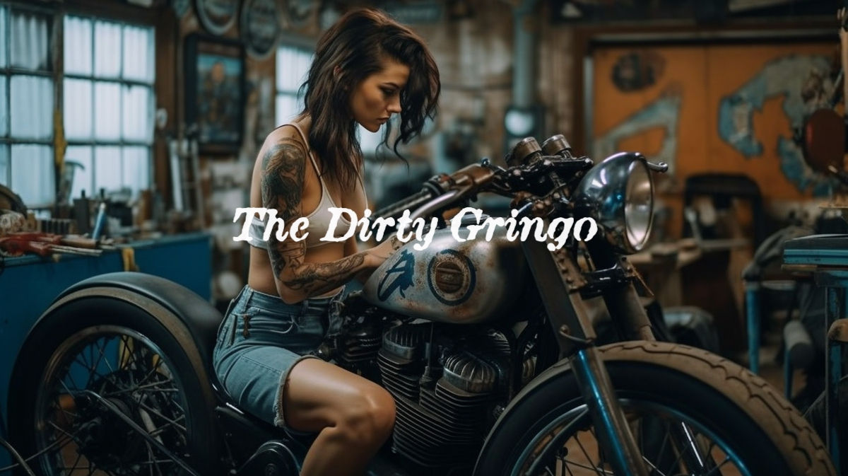 V18 Sexy Model in Vintage Motorcycle Repair Shop Custom Digital High Res