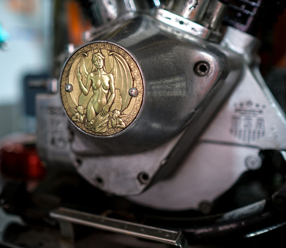 Thumbnail: Sexy She Devil Demon Middle Finger Brass Timing Points Cover Cone Shovelhead Evo