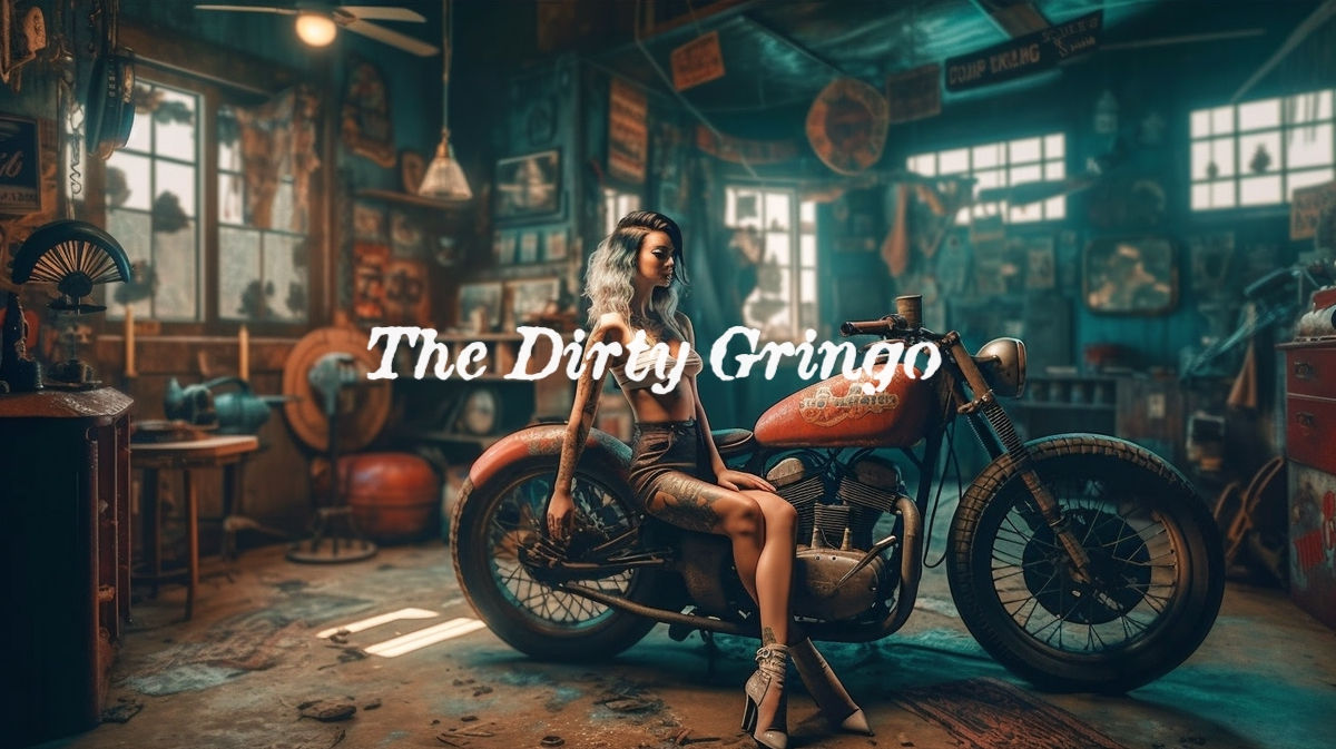 V50 Sexy Model in Vintage Motorcycle Repair Shop Custom Digital High Res