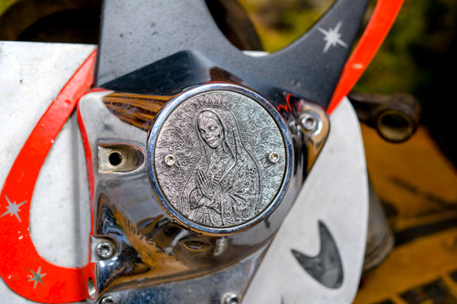 ボロ 93年 USA製 Harley-Davidson カットオフ パーカ 3D Carved Holy Mother Santa Muerte Timing Cover Harley Davidson