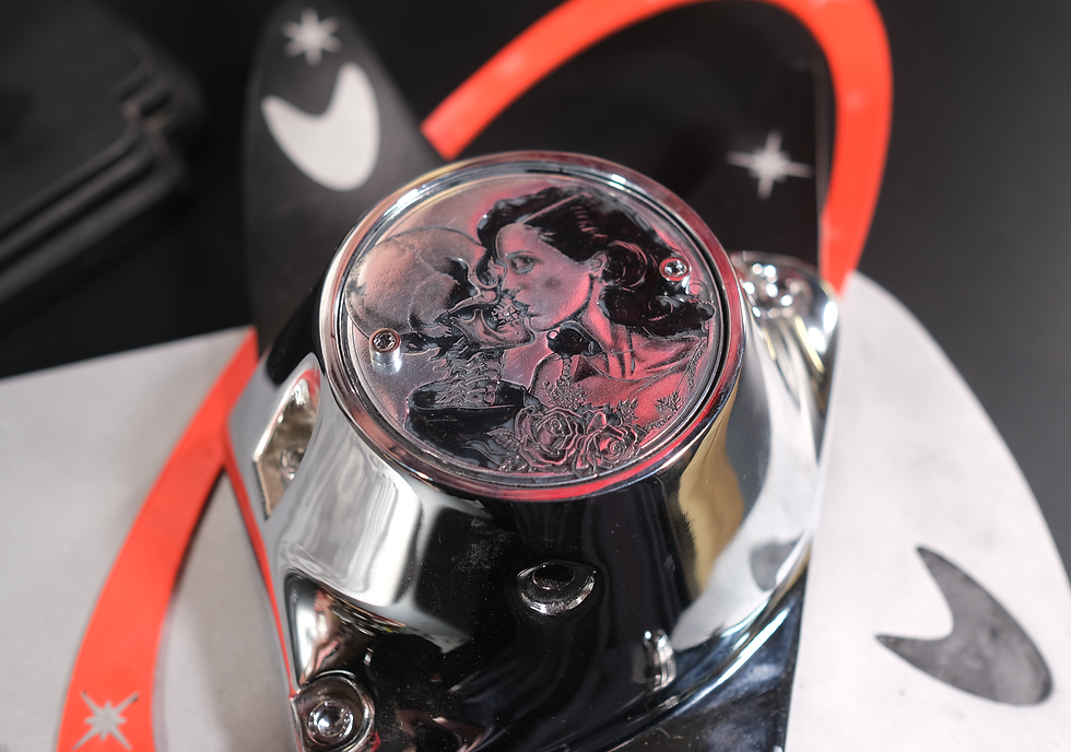 Thumbnail: Devil's Embrace Flash Tattoo Shovelhead Evo Brass Timing Cover Harley Davidson