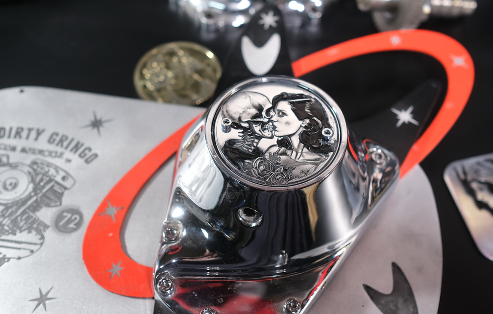 Thumbnail: Devil's Embrace Flash Tattoo Shovelhead Evo Brass Timing Cover Harley Davidson