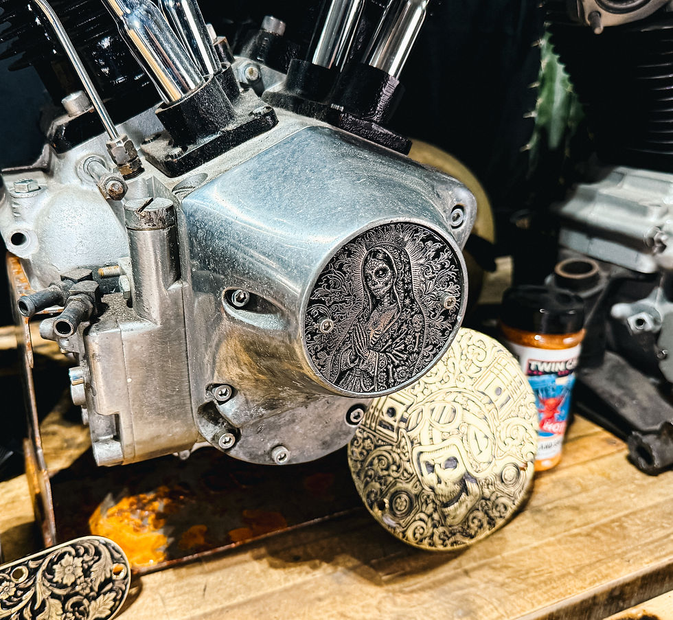 Thumbnail: Engraved Holy Mother Dia de Muertos Timing Cover Harley Davidson Shovel Evo