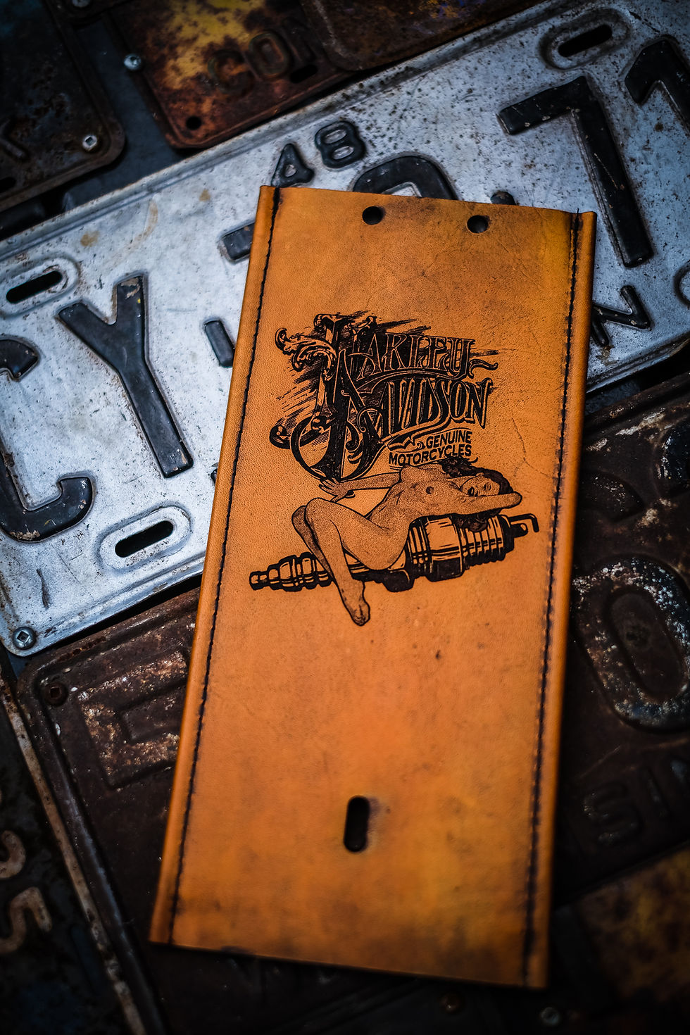Thumbnail: Tan Leather Gas Tank Panel Bib Vintage Hot Nude Pinup Bomber Art Harley Davidson