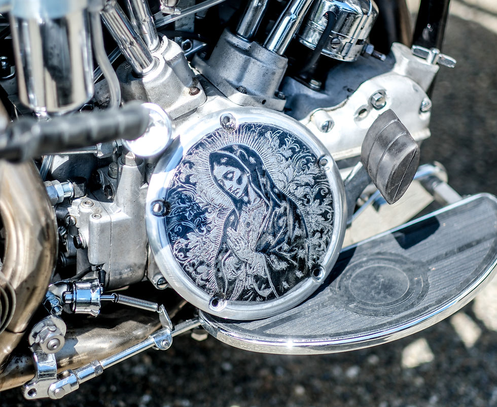 Thumbnail: Holy Mother Mary Engraved Skull Scrollwork Derby Cover Harley Twin Cam 99-2017