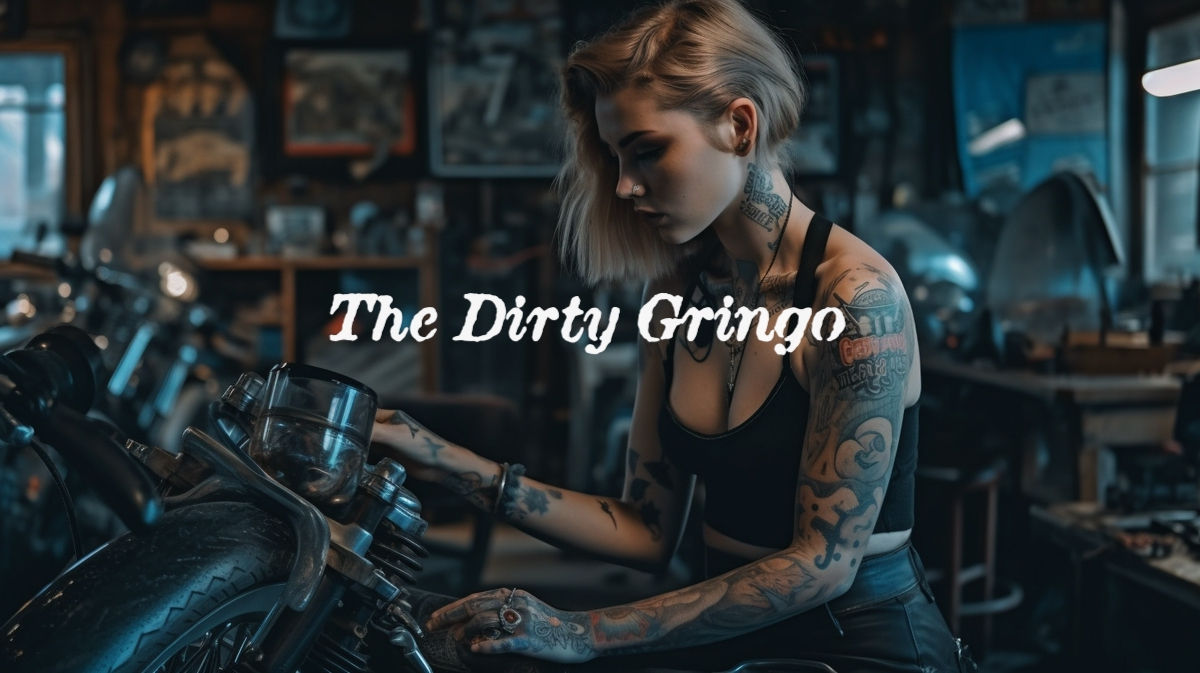 V86 Sexy Model in Vintage Motorcycle Repair Shop Custom Digital High Res
