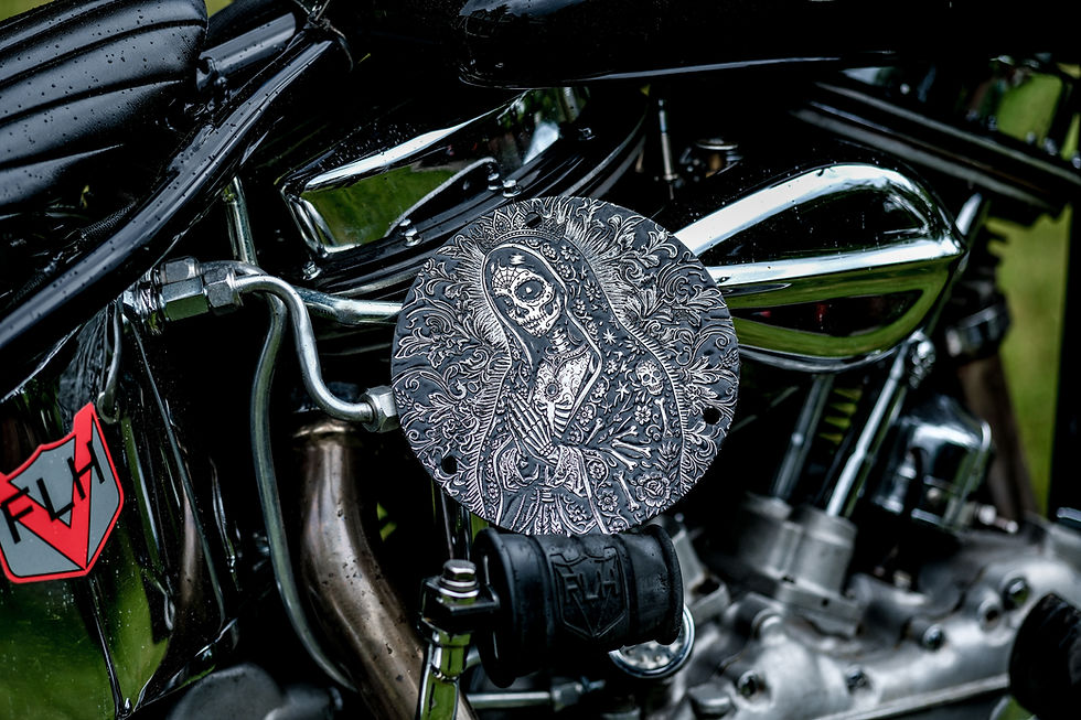 Thumbnail: Engraved Santa Muerte Holy Death 3 Hole Derby Cover Shovelhead Evo Harley