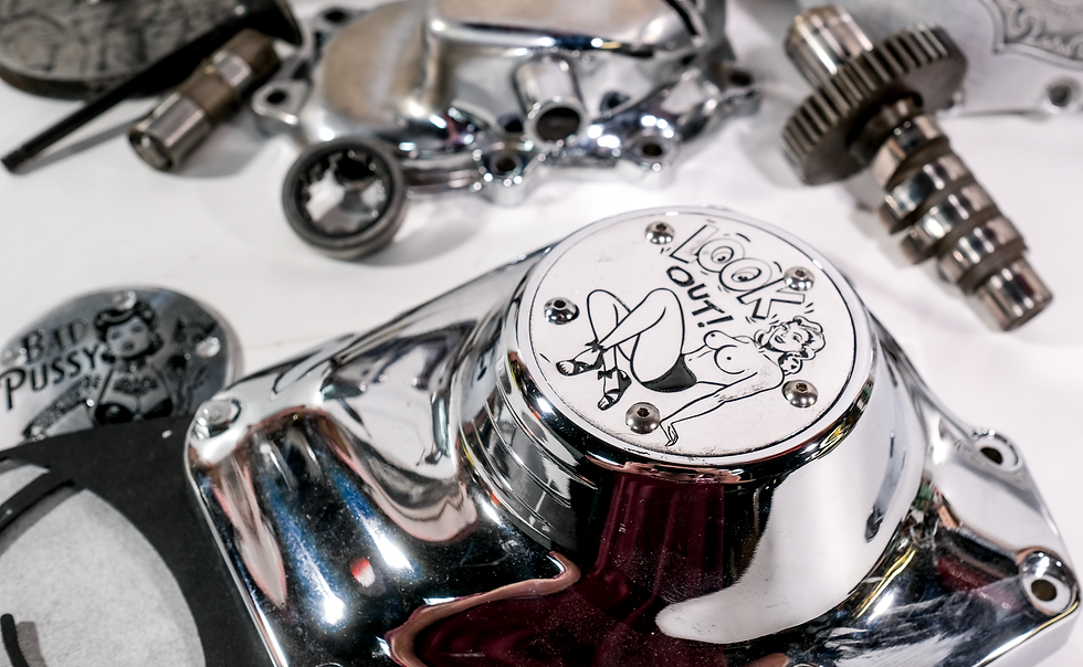 Thumbnail: Custom Engraved Timing Points Cover Lookout Pinup Flash Tattoo Harley Twin Cam
