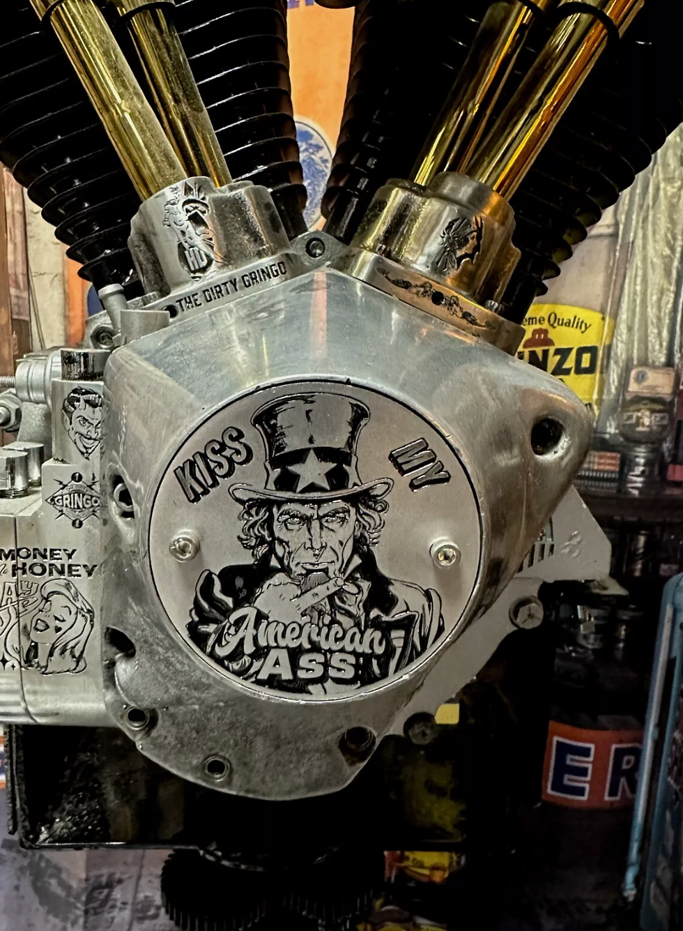 Thumbnail: Kiss My American Ass Uncle Sam Evo Shovelhead 2Hole Timing Cover Harley Davidson