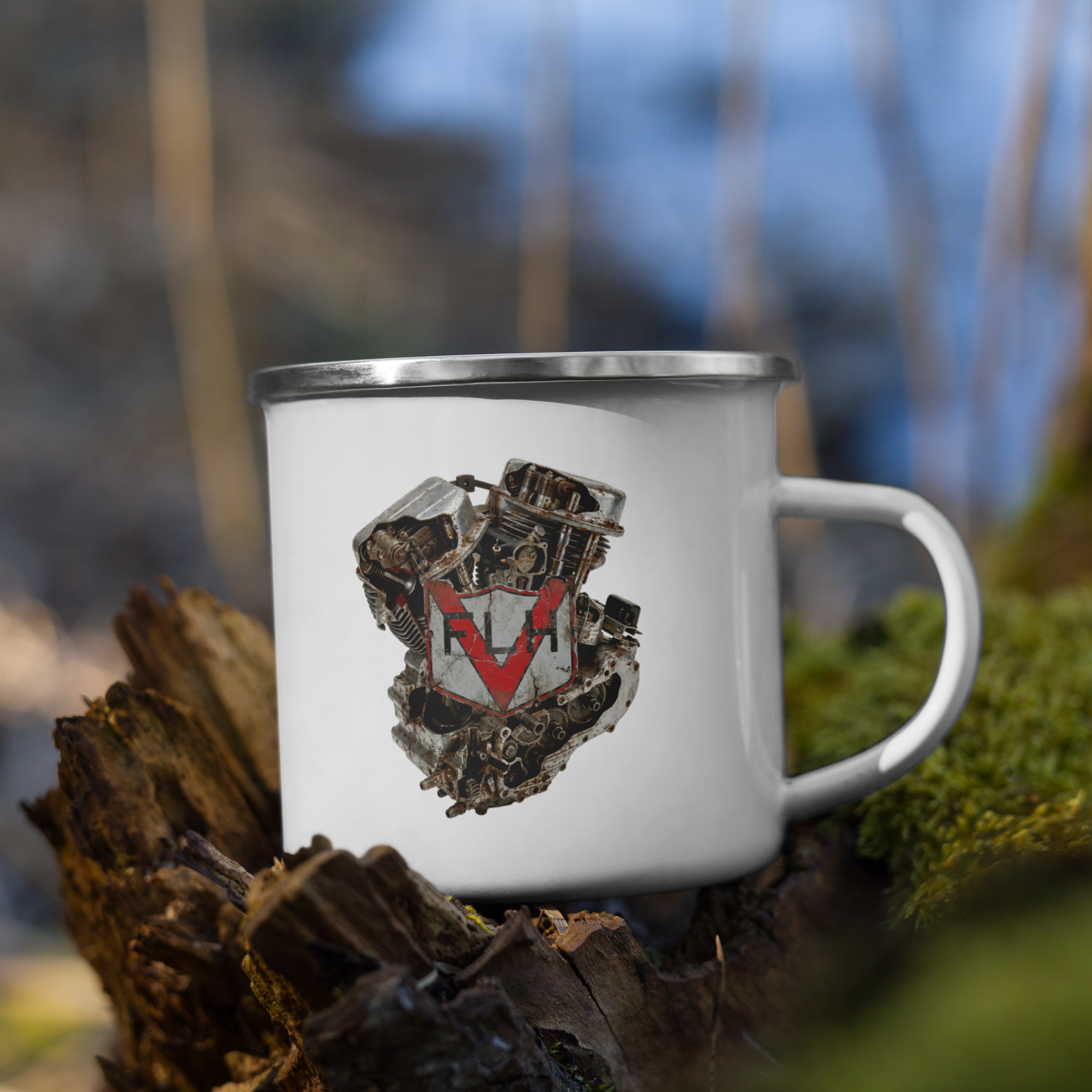 Distressed Vintage Panhead FLH Harley Davidson Engine Enamel Mug