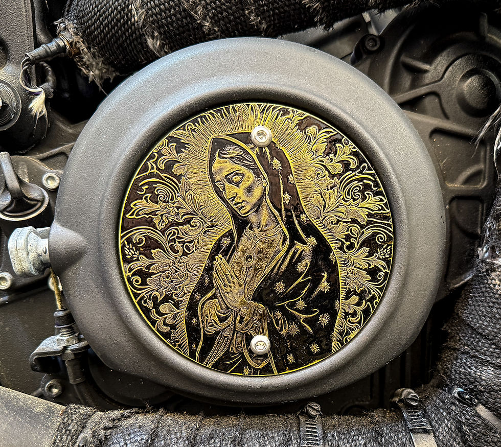 Thumbnail: Brass 2015+ Indian Scout Bobber Motorcycle Holy Mother Engraved Derby Cover